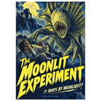 Sharp-toothed monster looms over a startled man beneath a yellow moon, with bold yellow ‘The Moonlit Experiment’ lettering.
