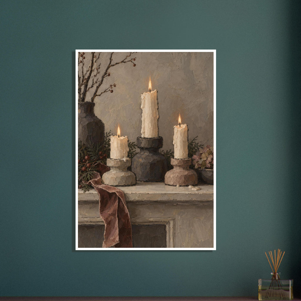 Three lit ivory candles on chunky holders, with a dark vase, branches, greenery and a draped burgundy ribbon.