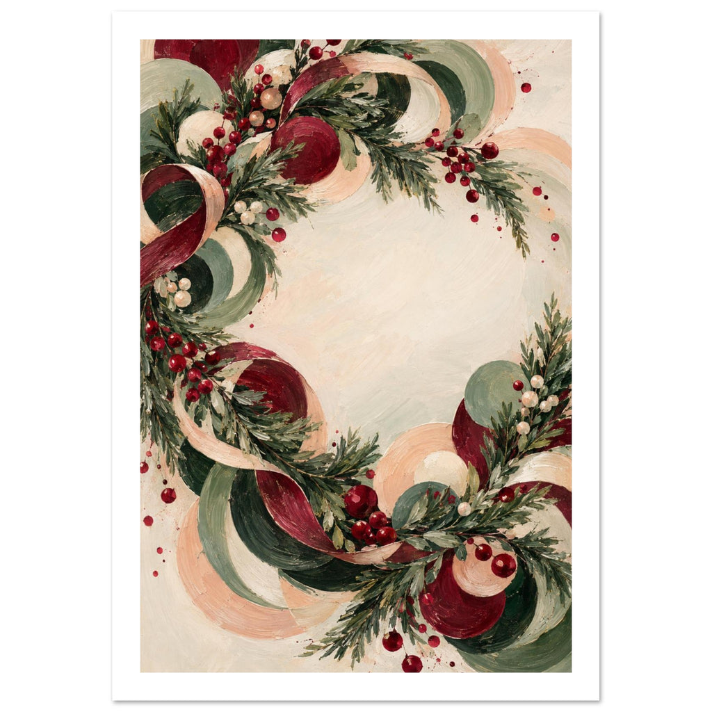 Christmas wreath of evergreen branches, red berries and sweeping burgundy, green and peach curls on a cream background.