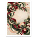 Christmas wreath of evergreen branches, red berries and sweeping burgundy, green and peach curls on a cream background.