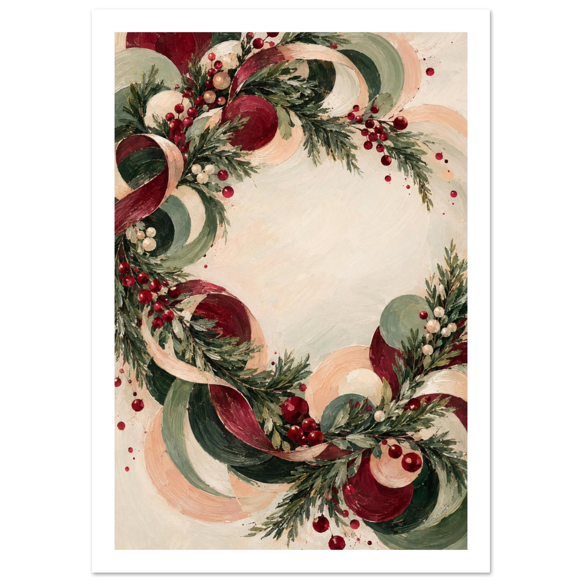 Christmas wreath of evergreen branches, red berries and sweeping burgundy, green and peach curls on a cream background.