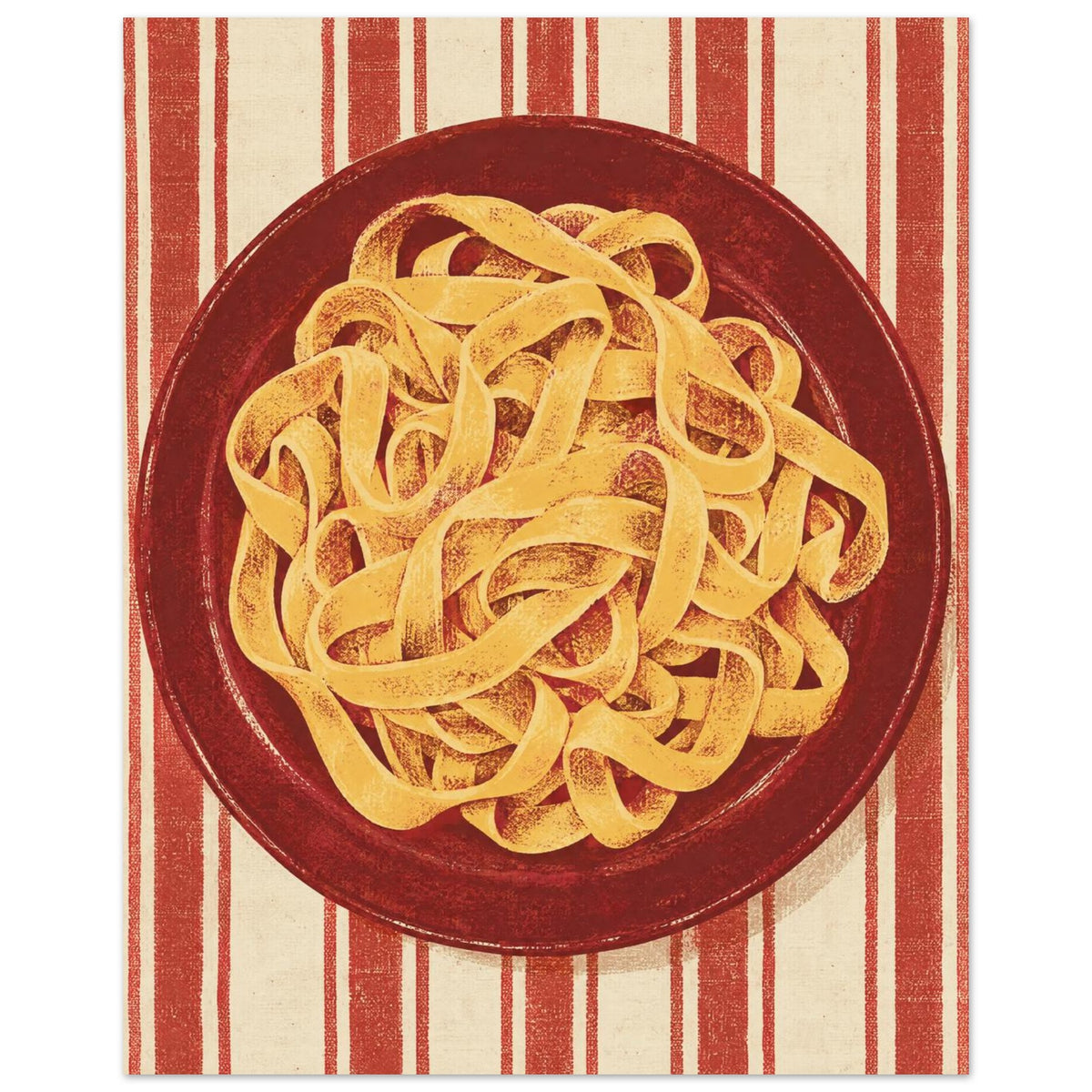 Golden pasta ribbons on a deep red plate, viewed from above against textured red and cream vertical stripes.