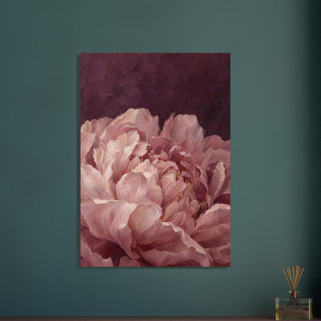 Blush pink peony with layered, curling petals and visible painterly brushwork against a deep burgundy background.