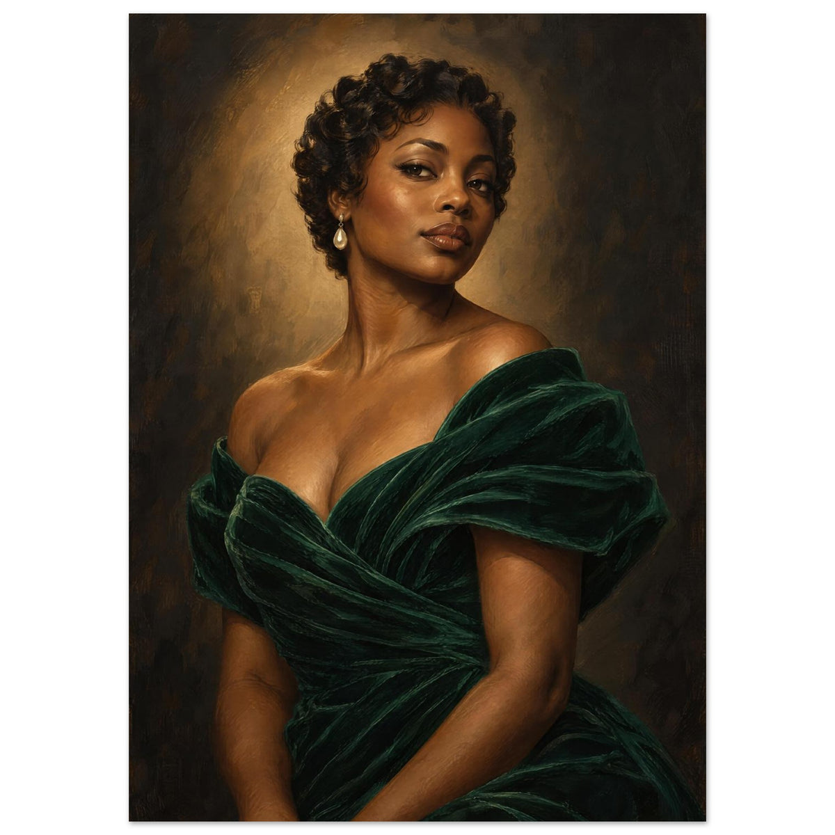 The Velvet Spotlight depicts a woman with short curls in an emerald gown beneath warm oval lighting against charcoal.