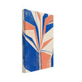 Open book with angular pages fanning upwards in blue, coral and cream, with distressed textures on a cream background.