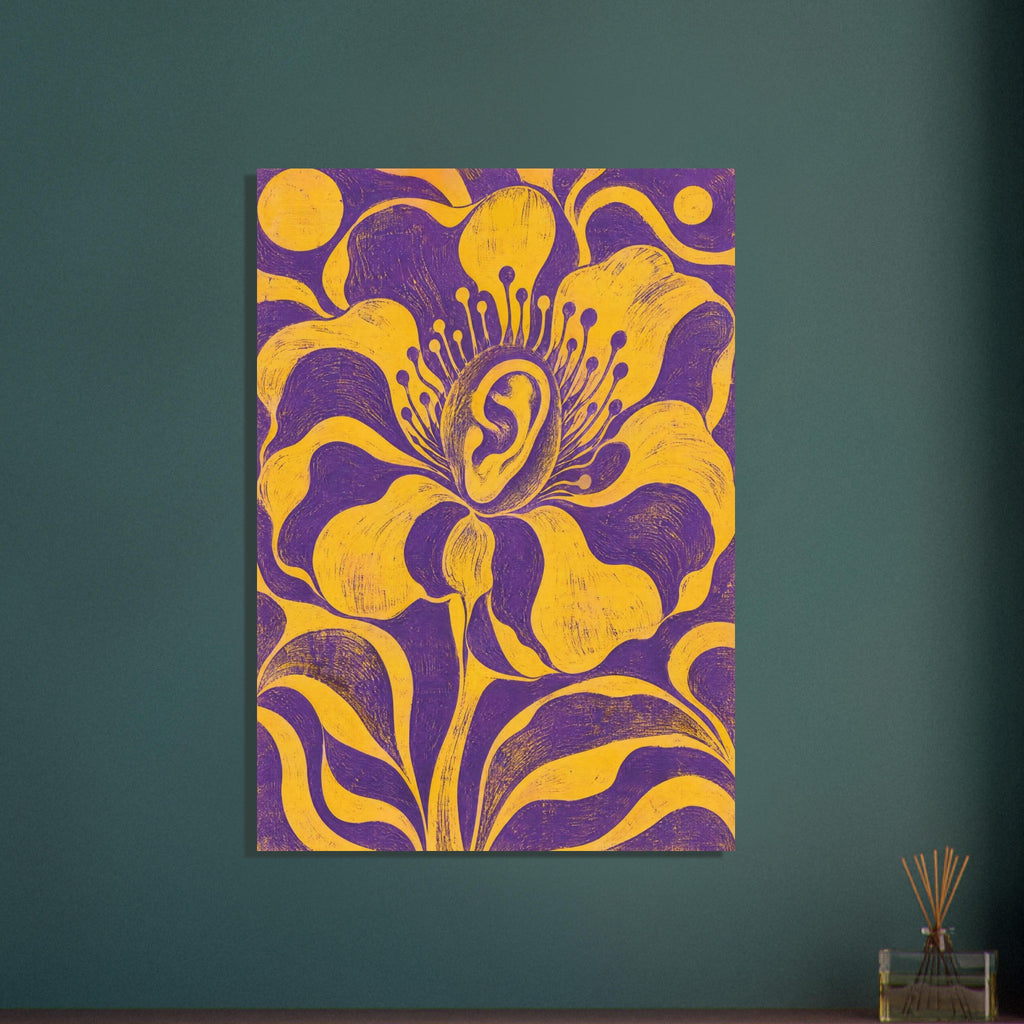 Yellow flower with a human ear at its centre, sweeping petals and curling leaves against a textured purple background.