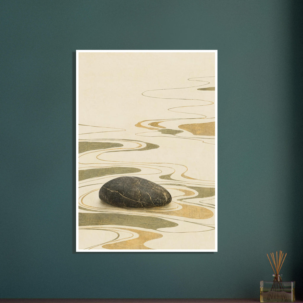 Dark rounded stone surrounded by flowing olive and ochre ripple lines and shapes on a textured cream background.