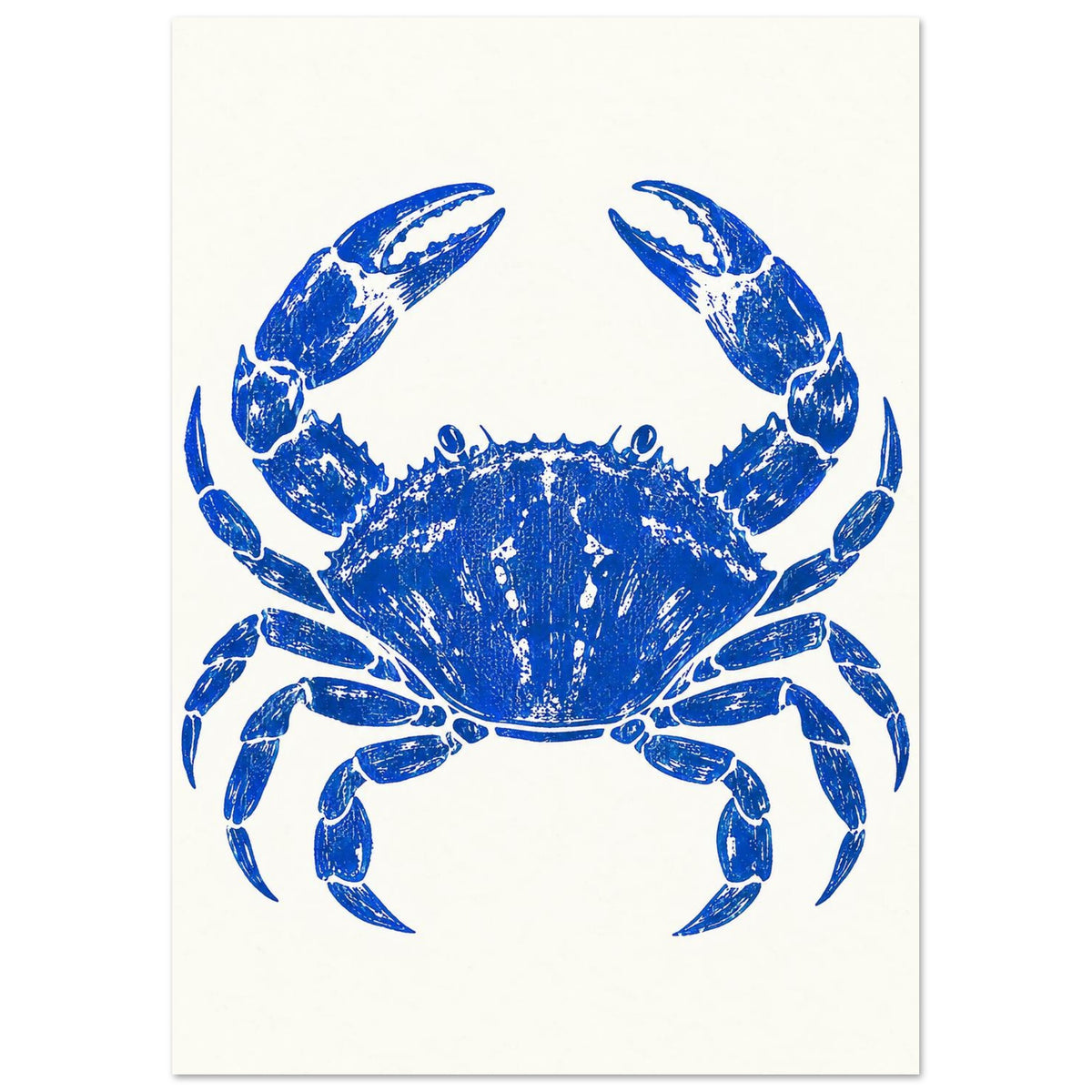 Ultramarine blue crab with raised claws and distressed detailing, centred on a warm cream background.