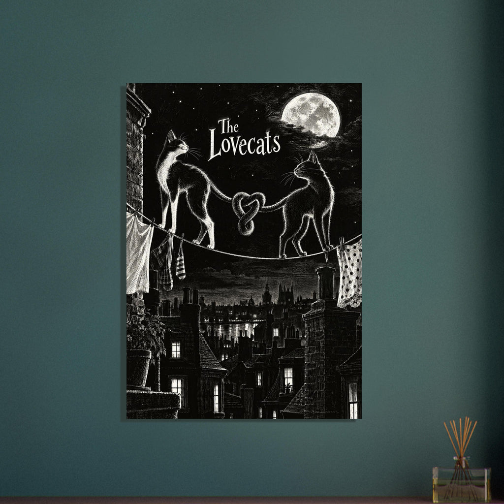 Two cats on a washing line with tails forming a heart above moonlit rooftops, with ‘The Lovecats’ lettering.