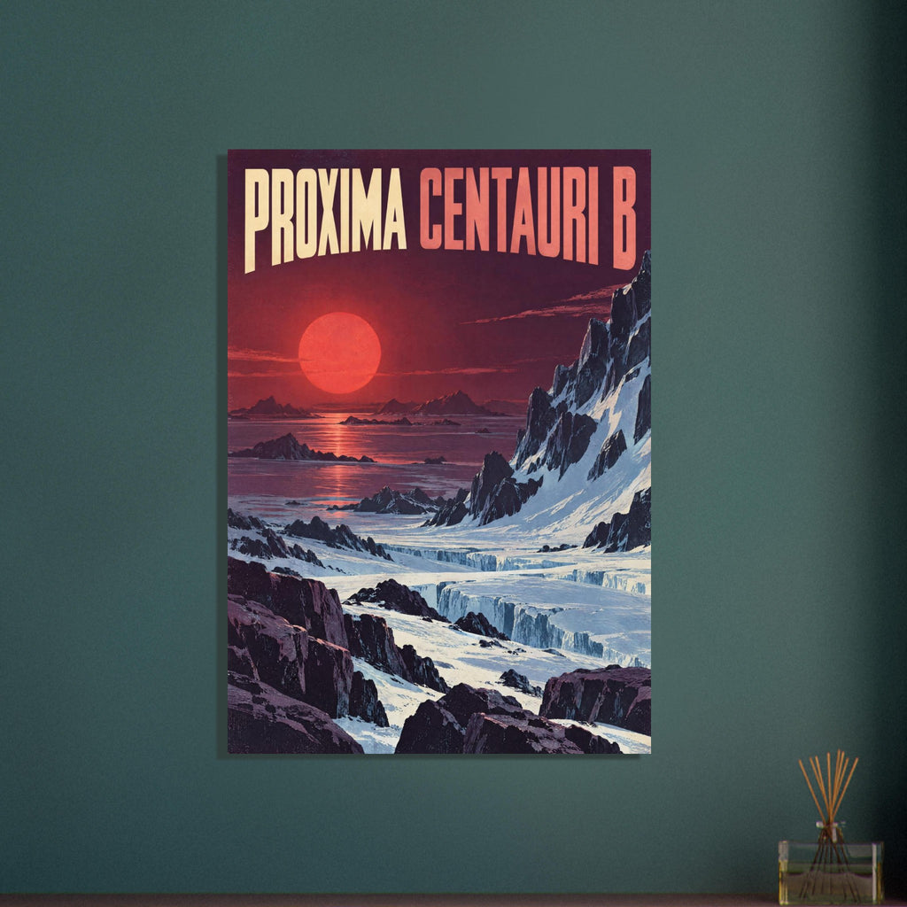 Proxima Centauri B lettering above a red sun, reflective water and jagged, ice-covered mountains in a retro poster.