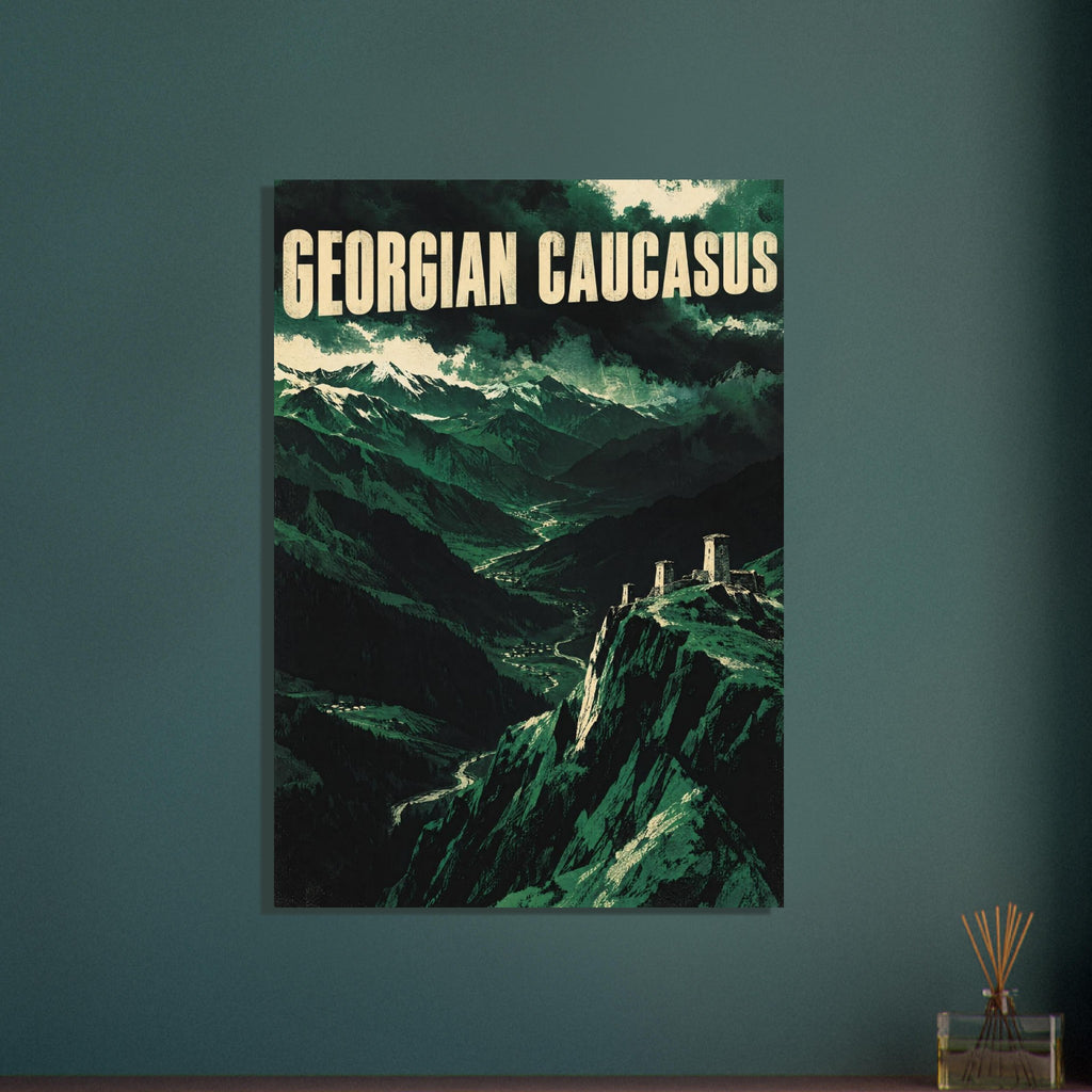 Georgian Caucasus travel poster with green mountains, stone towers on a rocky ridge and cream lettering under dark clouds.