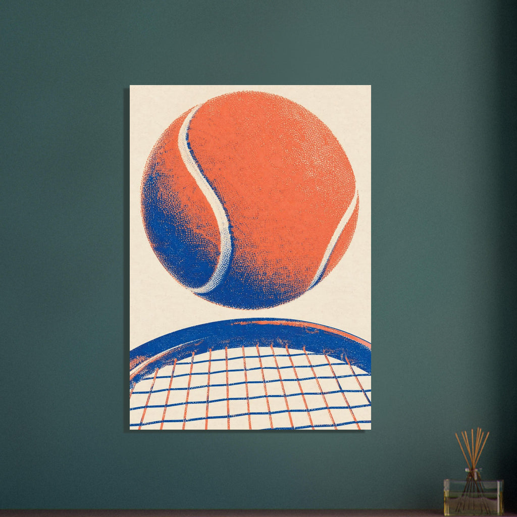 Orange tennis ball with cream seams and blue shading above a cropped blue racket on a textured cream background.