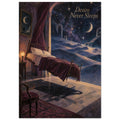Floating bed beneath an archway facing a starry sky, crescent moon and distant stairs, with ‘Desire Never Sleeps’ text.