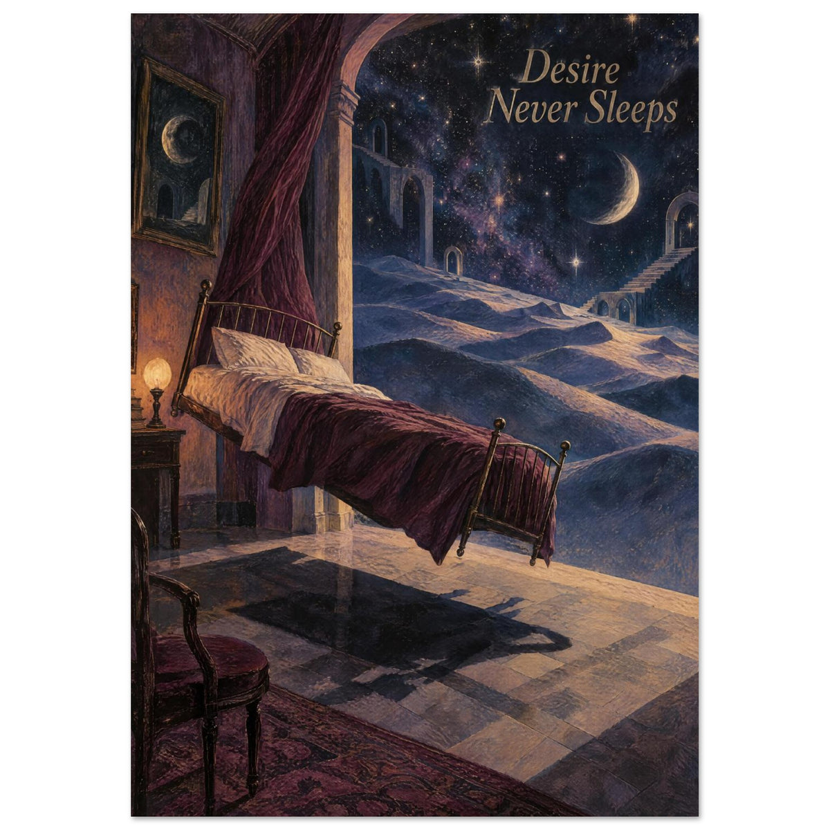 Floating bed beneath an archway facing a starry sky, crescent moon and distant stairs, with ‘Desire Never Sleeps’ text.