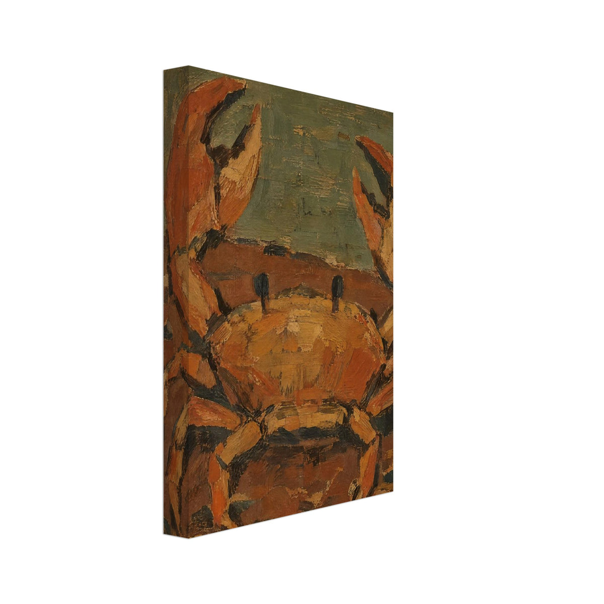 Orange and ochre crab with raised claws on a rocky shore, with muted green water and distant rocks in textured brushstrokes.