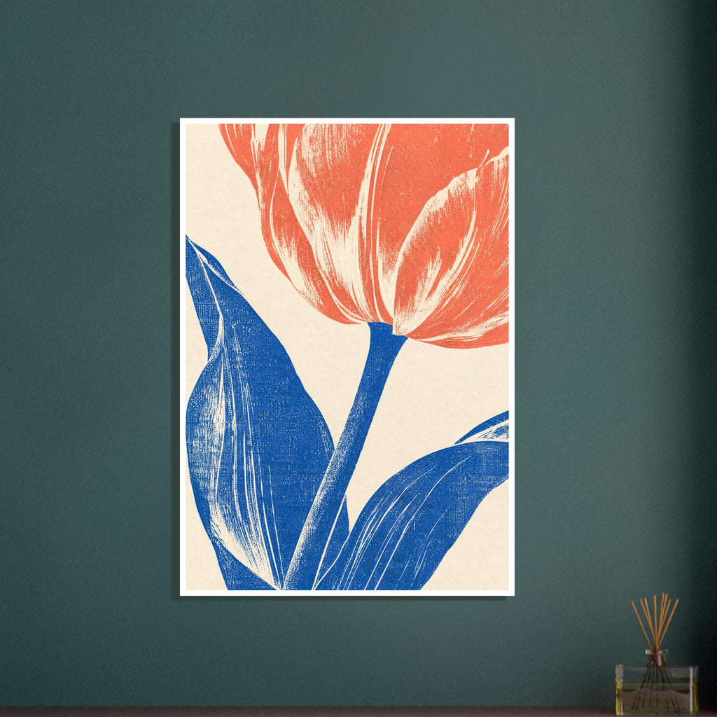 Coral tulip with a blue stem and sweeping blue leaves on cream, rendered with grainy texture and fine linear details.