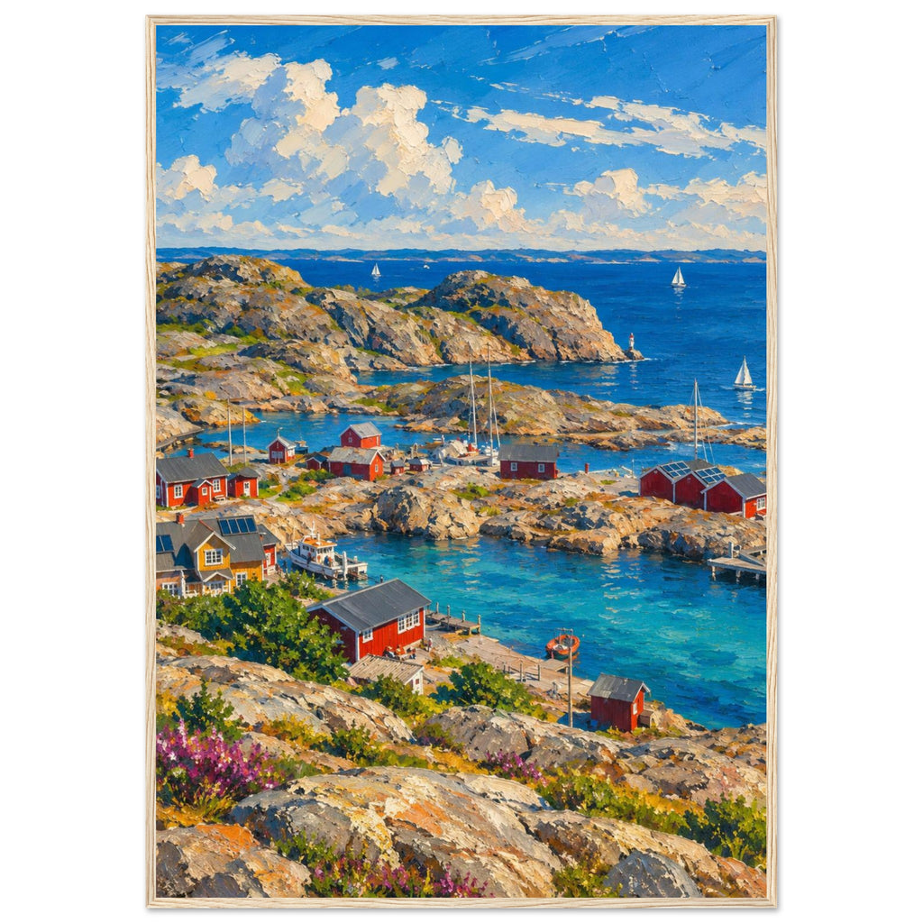 Rocky harbour with red cabins, wooden jetties and sailboats on blue water beneath cream clouds, with flowers in front.