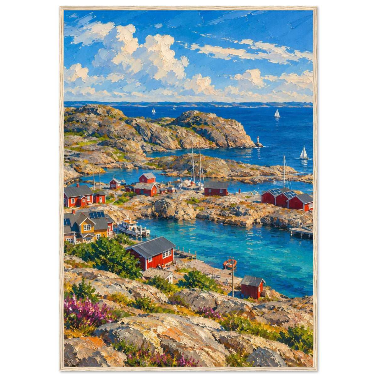Rocky harbour with red cabins, wooden jetties and sailboats on blue water beneath cream clouds, with flowers in front.