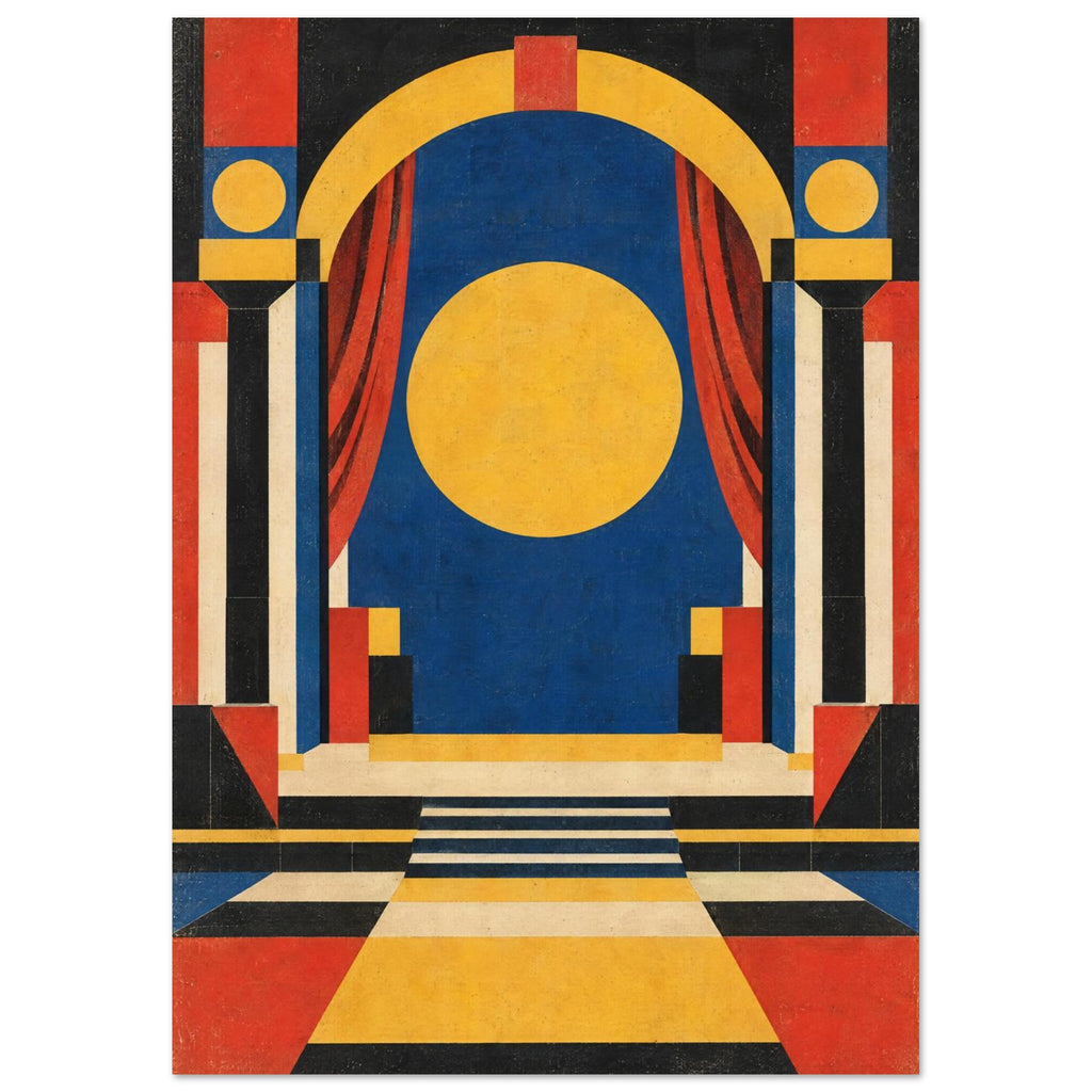 Geometric theatre stage with red curtains, a yellow arch and circle, blue backdrop, angular columns and steps.