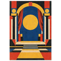 Geometric theatre stage with red curtains, a yellow arch and circle, blue backdrop, angular columns and steps.