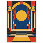 Geometric theatre stage with red curtains, a yellow arch and circle, blue backdrop, angular columns and steps.