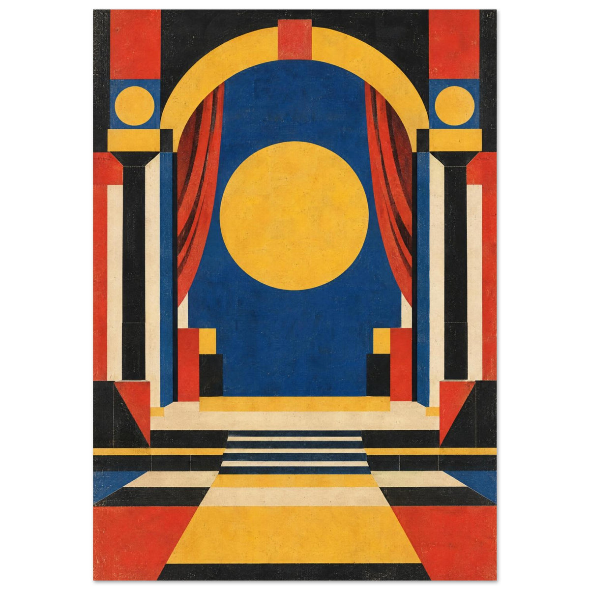 Geometric theatre stage with red curtains, a yellow arch and circle, blue backdrop, angular columns and steps.