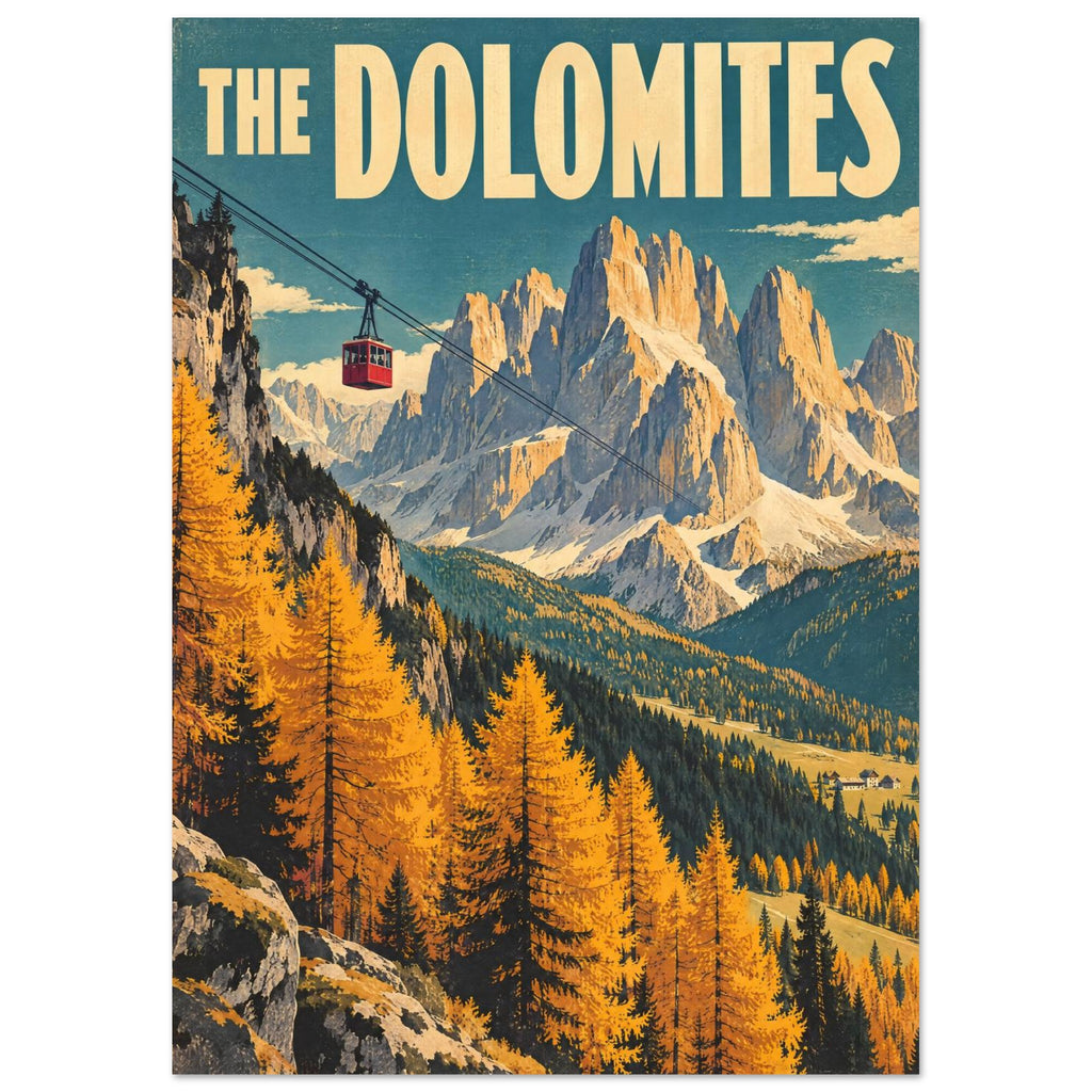 Dolomites poster with golden trees, jagged mountains, a red cable car and cream lettering against a teal sky.