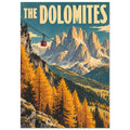 Dolomites poster with golden trees, jagged mountains, a red cable car and cream lettering against a teal sky.