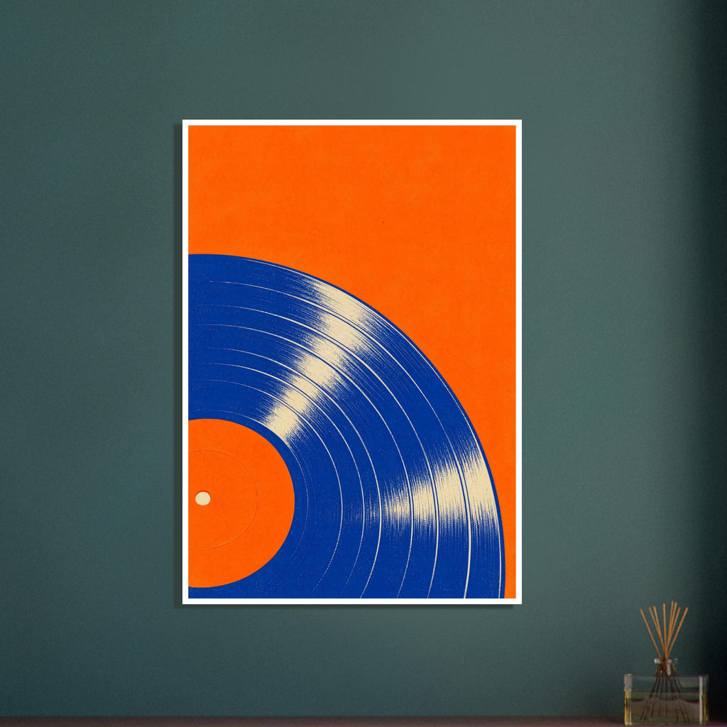 Blue vinyl record cropped at the left and bottom, with cream groove highlights against a bright orange background.