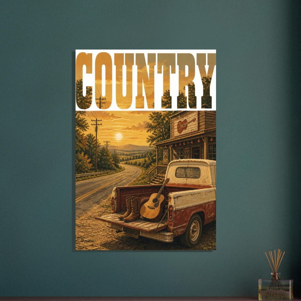 El gran título COUNTRY se alza sobre una carretera al atardecer, una casa de madera y una vieja camioneta.