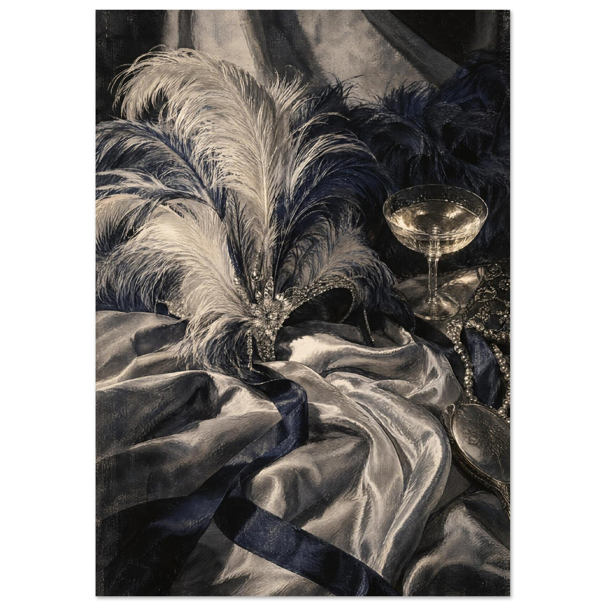 Feathered jewelled mask on draped fabric beside a coupe glass, pearls and an ornate hand mirror in cream, grey and navy.