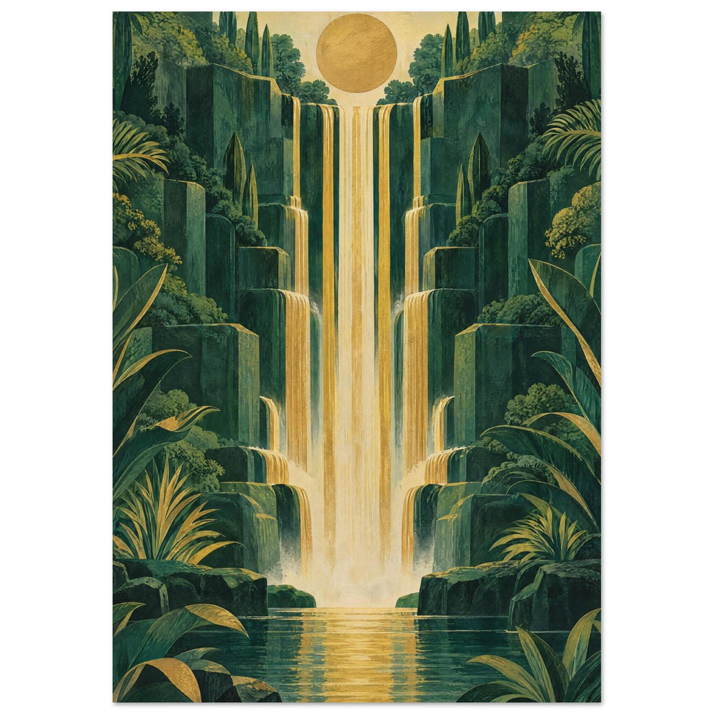 Golden waterfalls cascade down stepped green cliffs amid dense foliage, beneath a round sun and into a reflective pool.