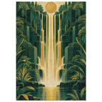 Golden waterfalls cascade down stepped green cliffs amid dense foliage, beneath a round sun and into a reflective pool.