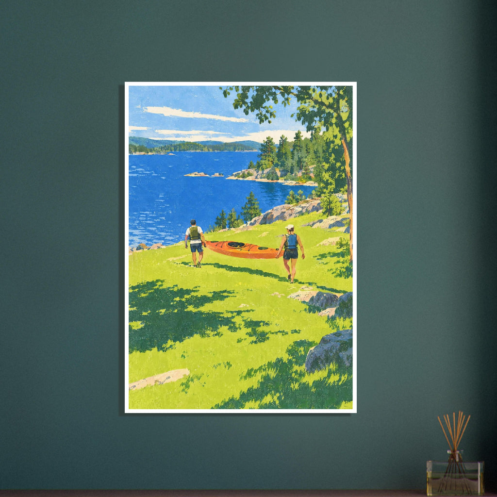 Two people carry an orange kayak down a green slope towards a blue lake edged with rocks and trees.
