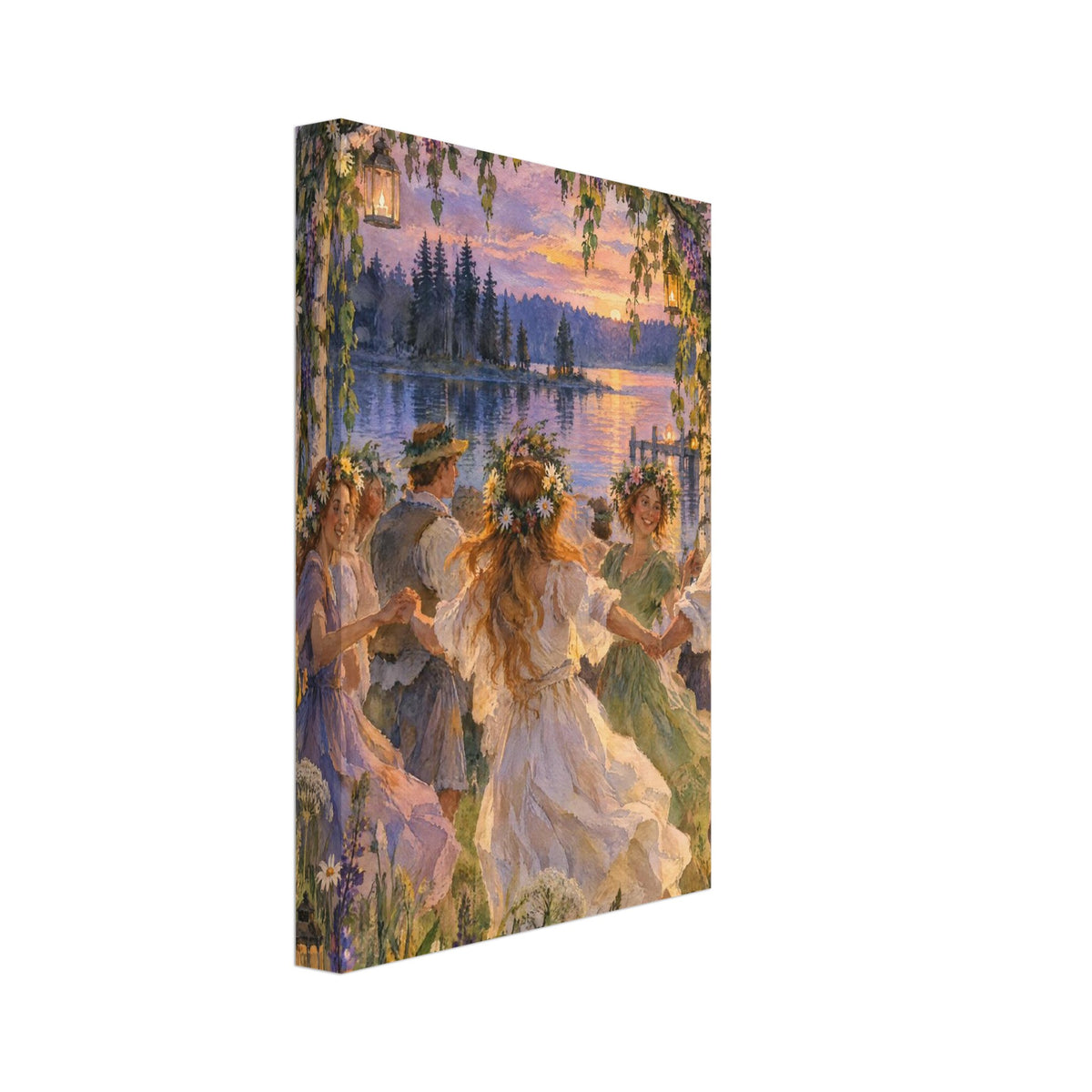 Flower-crowned dancers holding hands beneath a floral arch with lanterns, beside a lake at sunset.