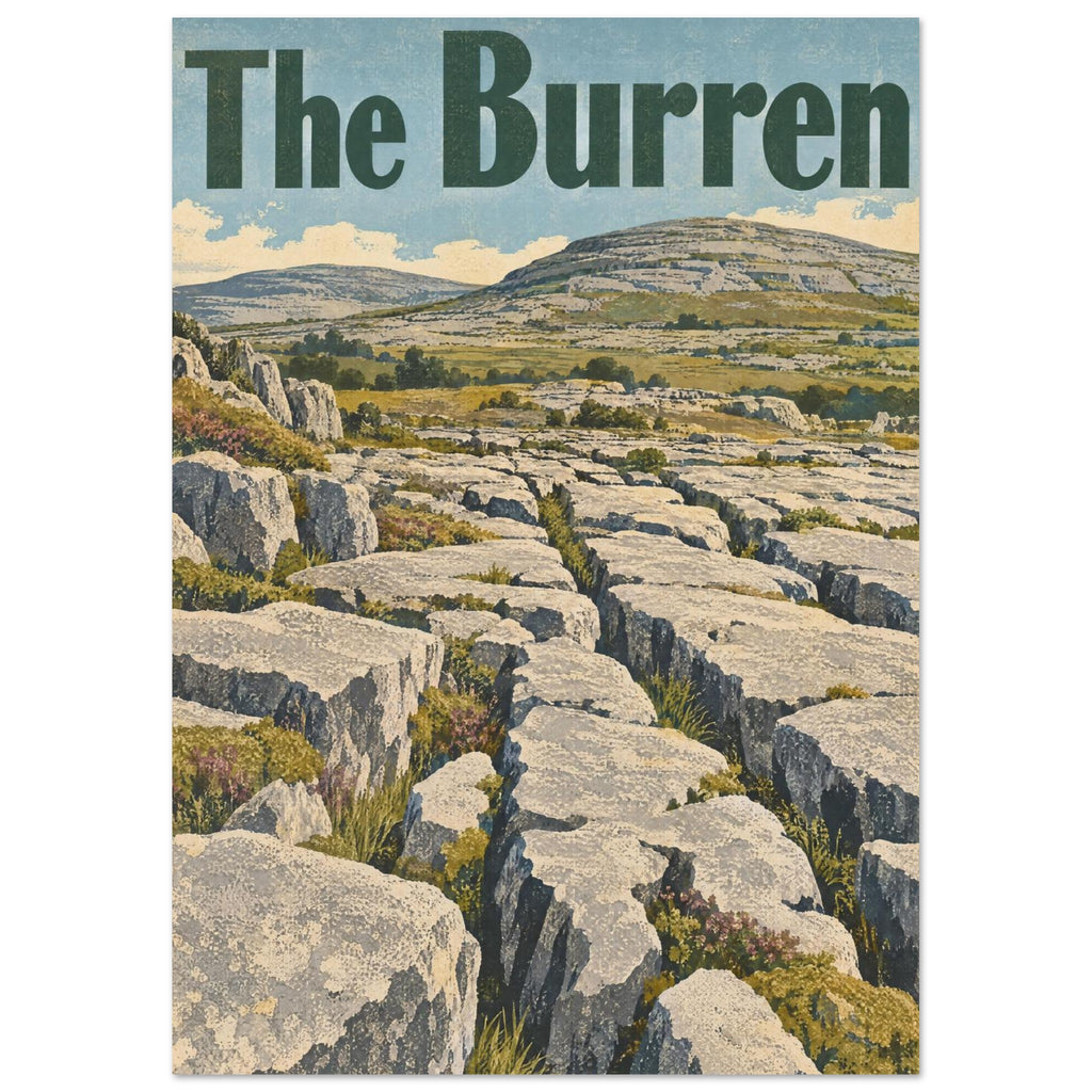The Burren poster with dark green lettering, cracked limestone slabs, grassy hills and a muted blue sky.