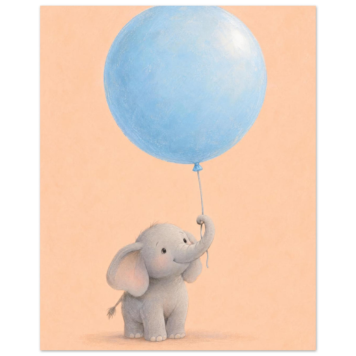 Smiling grey baby elephant holding an oversized pale blue balloon with its raised trunk against a peach background.