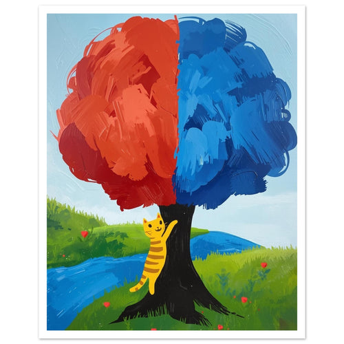 Yellow striped cat clinging to a tree with red-orange and blue foliage beside a winding river and green grass.