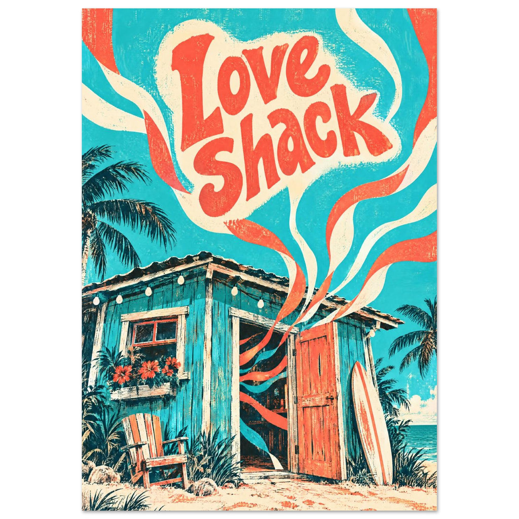 Love Shack lettering above a turquoise beach hut with a coral door, surfboard, palms and swirling cream and coral ribbons.