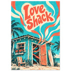 Love Shack lettering above a turquoise beach hut with a coral door, surfboard, palms and swirling cream and coral ribbons.