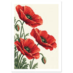 Three red poppies with dark centres, green stems, leaves and two buds, rendered in pixel-like squares on cream.