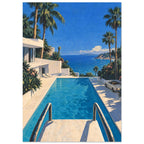 Turquoise swimming pool with foreground handrails, a cream villa, palm trees and a convertible overlooking the blue sea.