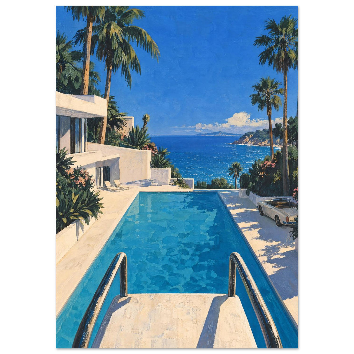 Turquoise swimming pool with foreground handrails, a cream villa, palm trees and a convertible overlooking the blue sea.