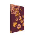 Peach and mustard marbles spill from a drawstring pouch across a burgundy background, with distressed textures.