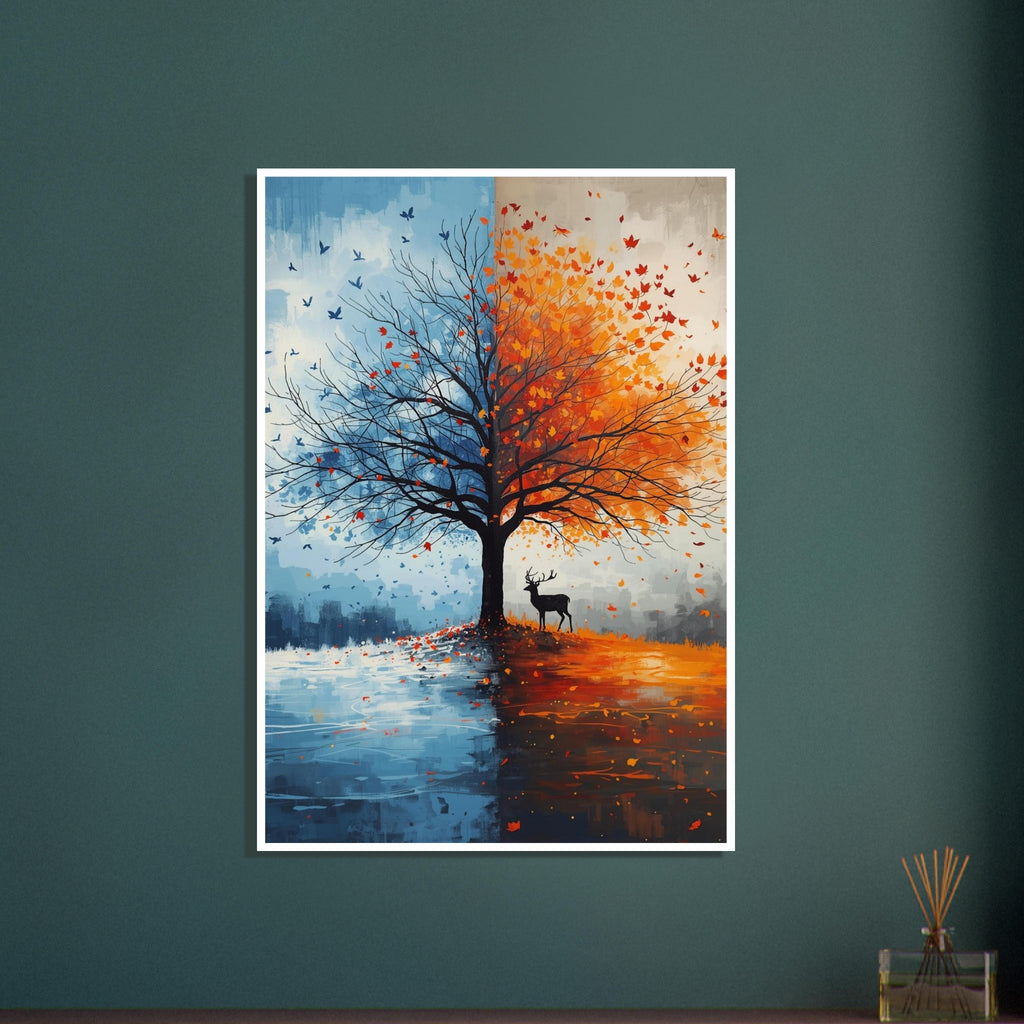 Tree divided between icy blue winter and orange autumn foliage, with flying birds, a stag and reflections below.