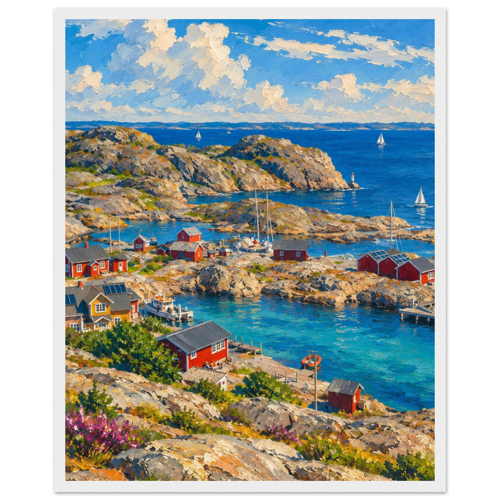 Rocky harbour with red cabins, wooden jetties and sailboats on blue water beneath cream clouds, with flowers in front.