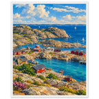 Rocky harbour with red cabins, wooden jetties and sailboats on blue water beneath cream clouds, with flowers in front.