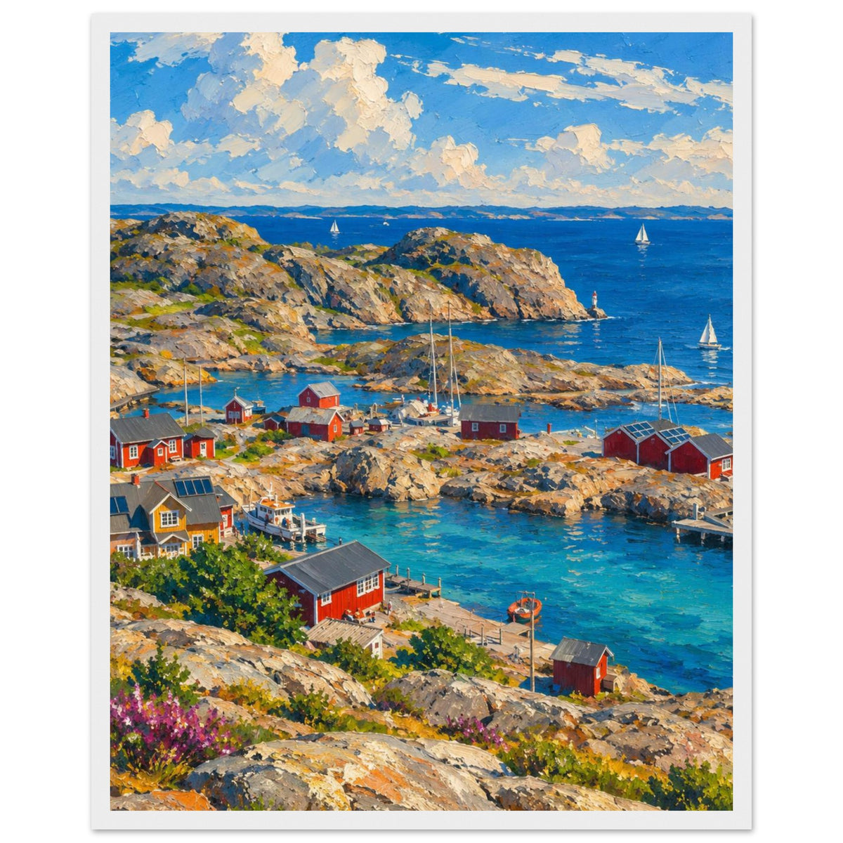 Rocky harbour with red cabins, wooden jetties and sailboats on blue water beneath cream clouds, with flowers in front.