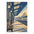 Railway platform with wooden benches, globe lamps and a sweeping steel canopy, in blue and cream with long shadows.