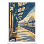 Railway platform with wooden benches, globe lamps and a sweeping steel canopy, in blue and cream with long shadows.